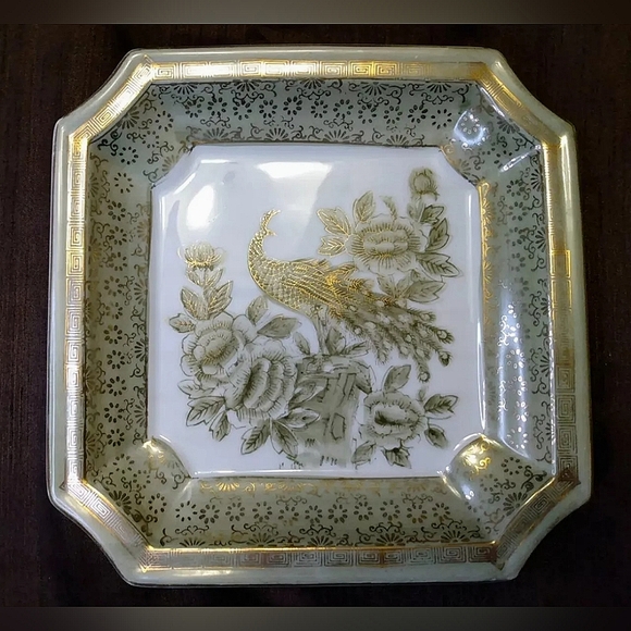 Vintage Japanese JADE GREEN GOLD PEACOCK trinket dish plate floral Asian square - Picture 2 of 10